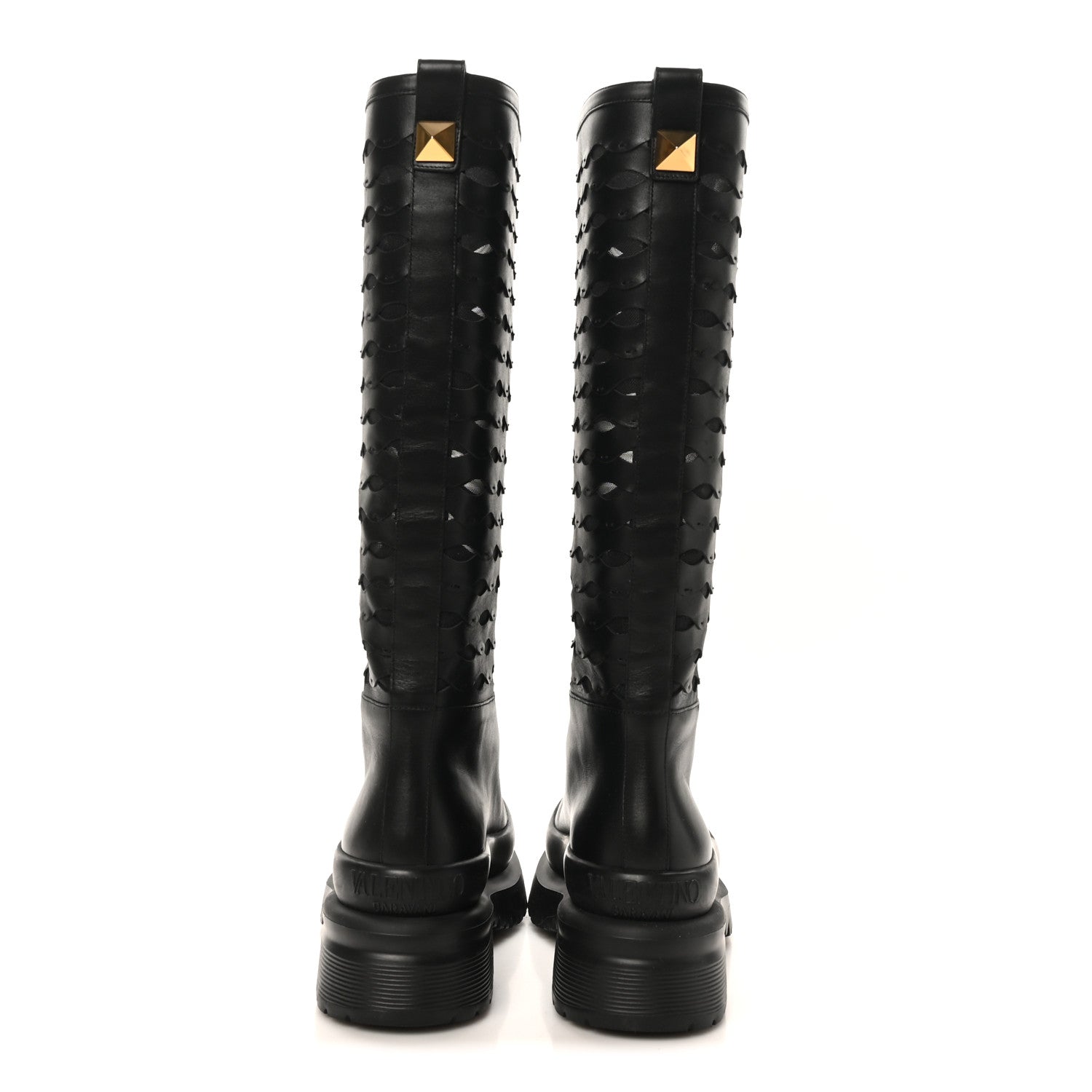 Valentino Garavani Calfskin Mesh Roman Stud Laser Cut Knee High Boots 37 Black 6 of 11