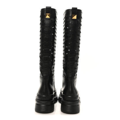Valentino Garavani Calfskin Mesh Roman Stud Laser Cut Knee High Boots 37 Black 6 of 11