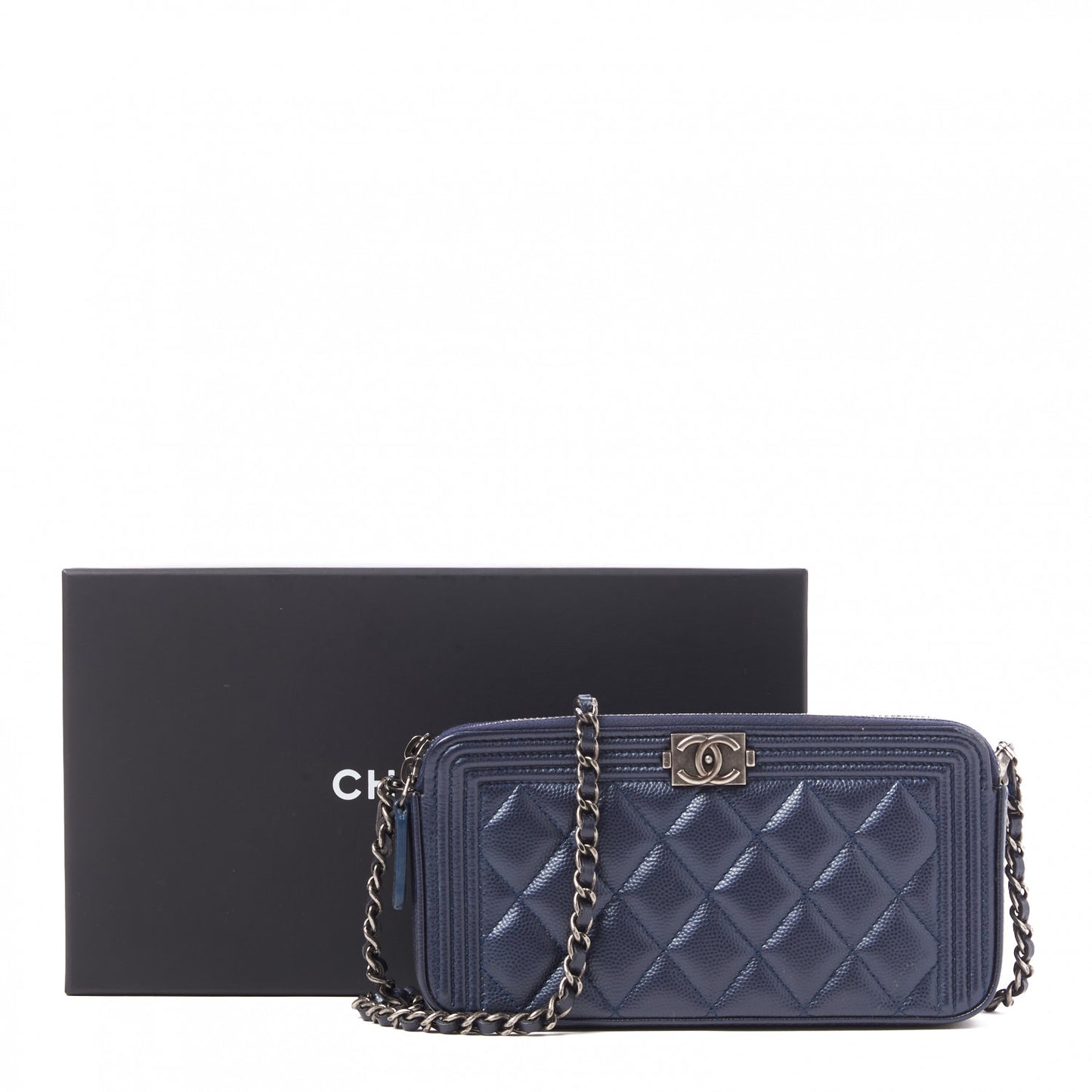 Metallic Caviar Quilted Small Boy Clutch With Chain Navy