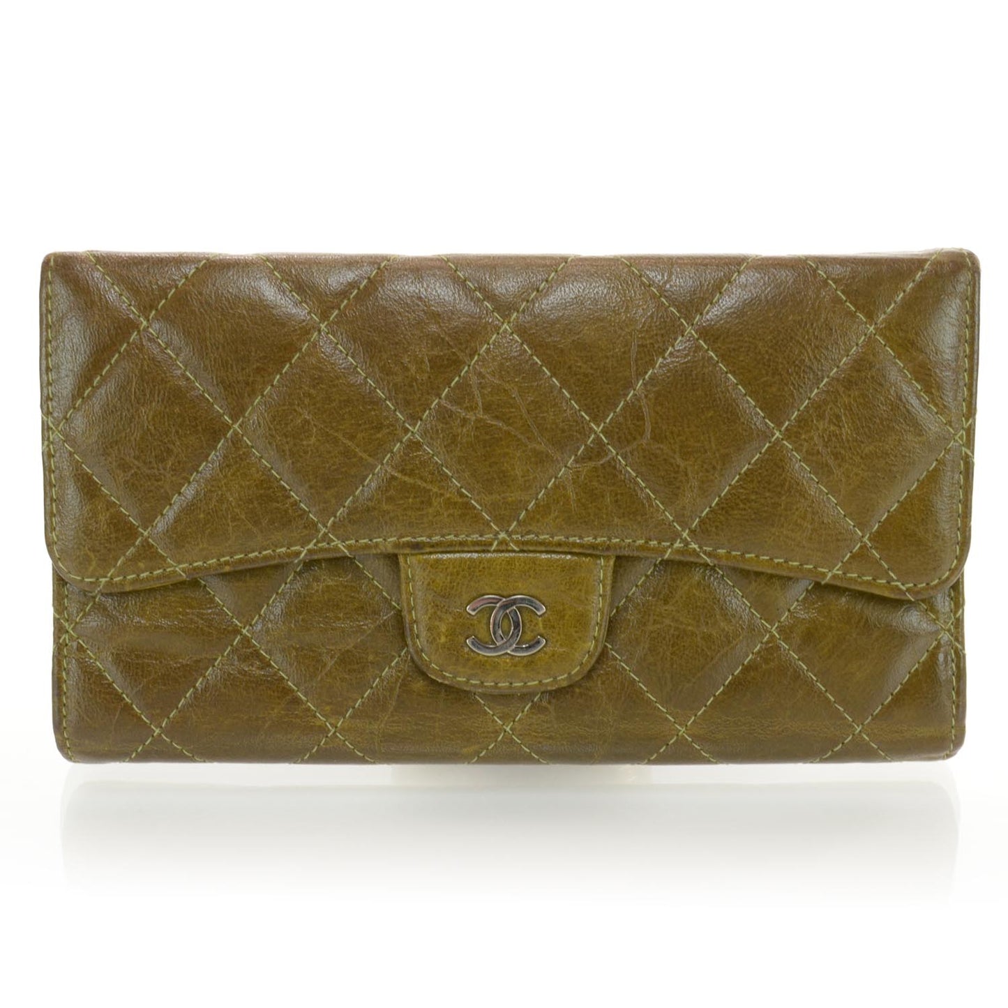 Calfskin Quilted Large Flap Wallet Green