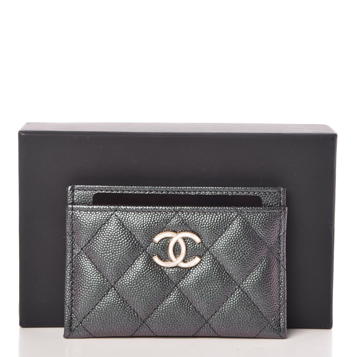 Iridescent Caviar Quilted Card Holder Black