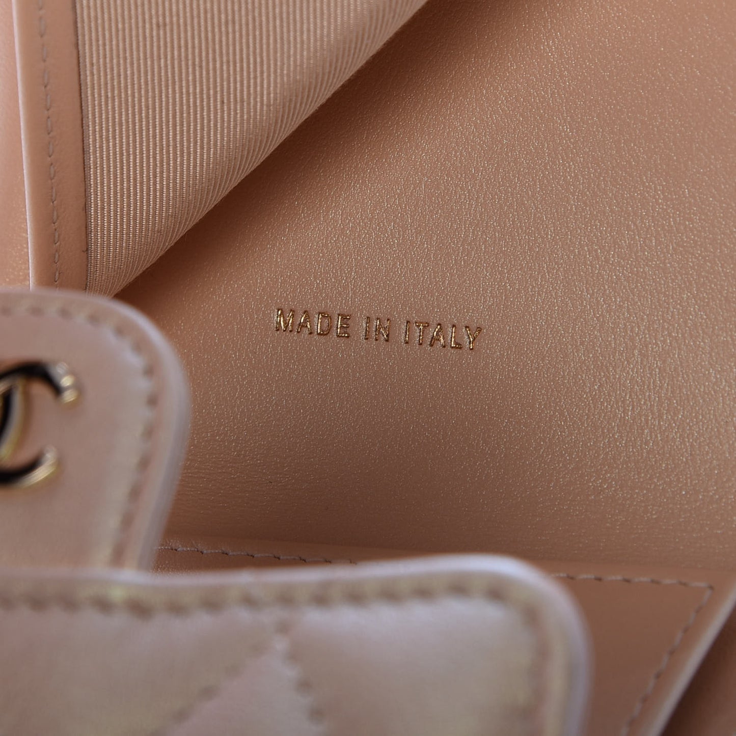 Iridescent Calfskin Quilted Compact Flap Wallet Beige