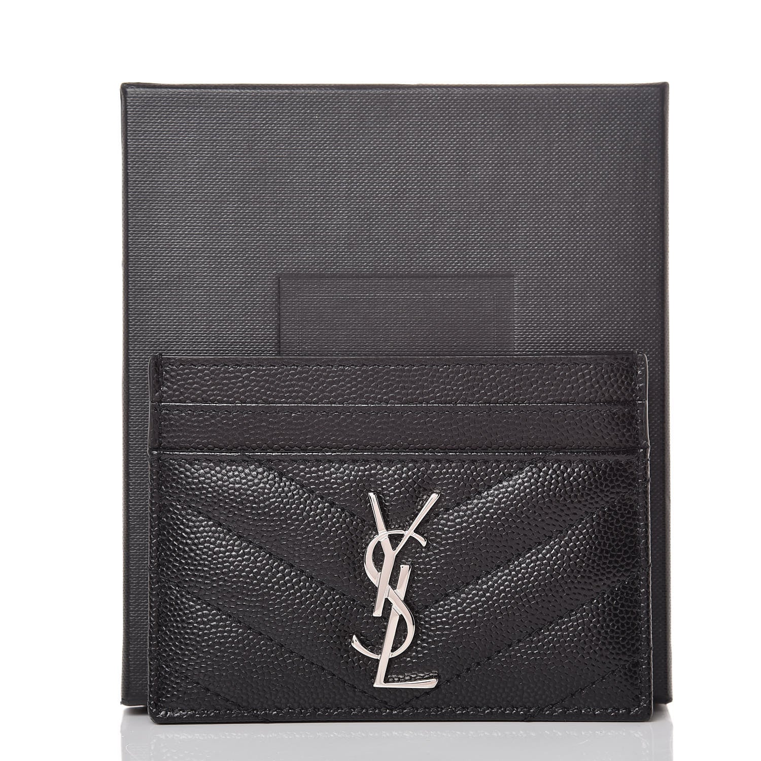 Saint Laurent Grain De Poudre Matelasse Chevron Monogram Credit Card Case Black 8 of 8