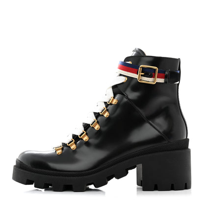 Gucci Calfskin Womens Sylvie Web Lace Up Combat Boots 41 Black 1 of 9