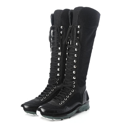Chanel Tweed Patent Calfskin Sneaker High Boots 38 Black 5 of 20