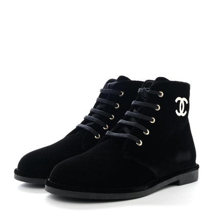 Chanel Velvet CC Lace Up Boots 40.5 Black 3 of 9