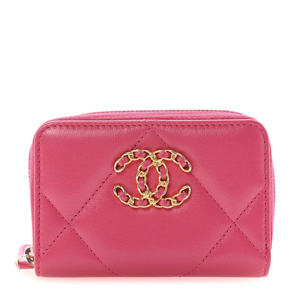Chanel Shiny Goatskin Quilted Chanel 19 Zip Around Coin Purse Wallet Dark Pink 1 of 7
