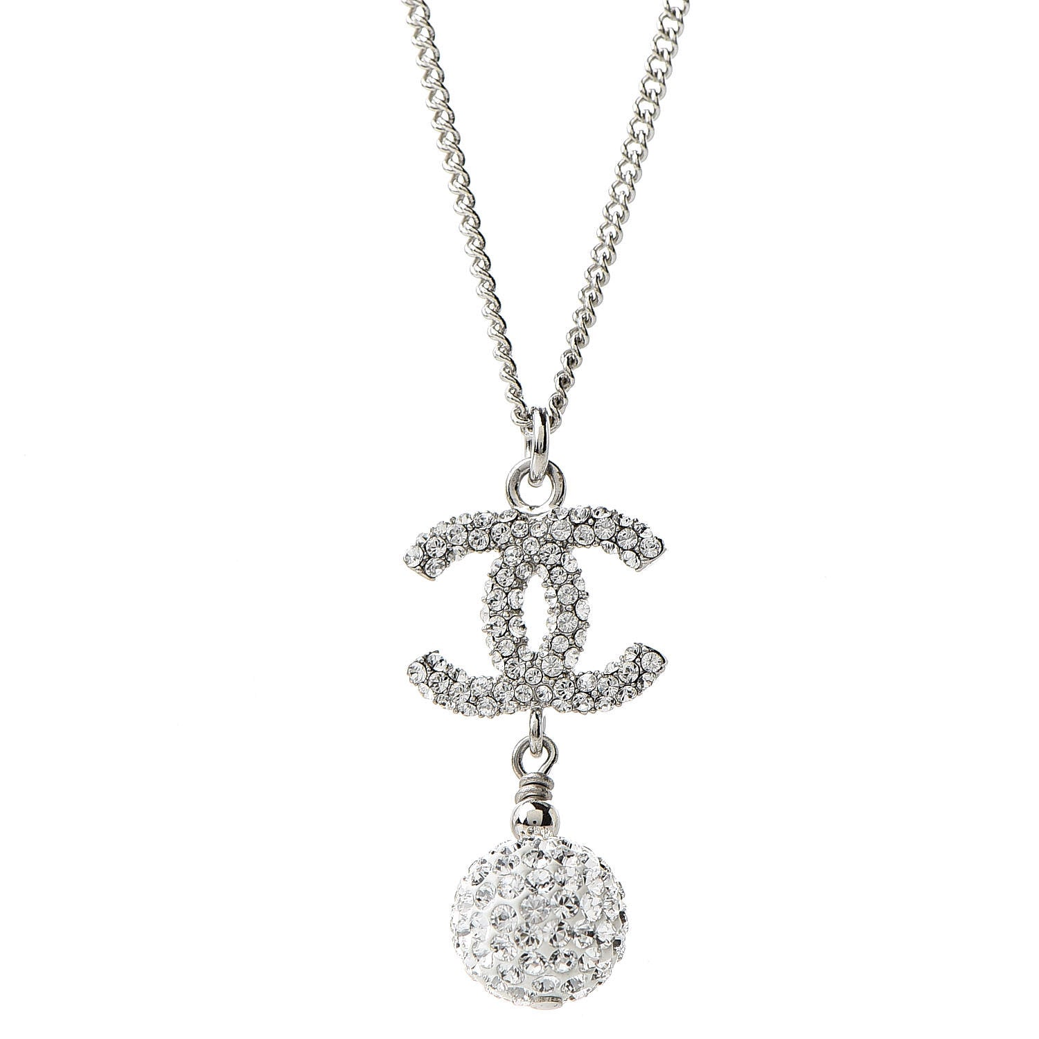 Chanel Crystal CC Ball Pendant Necklace Silver 4 of 6