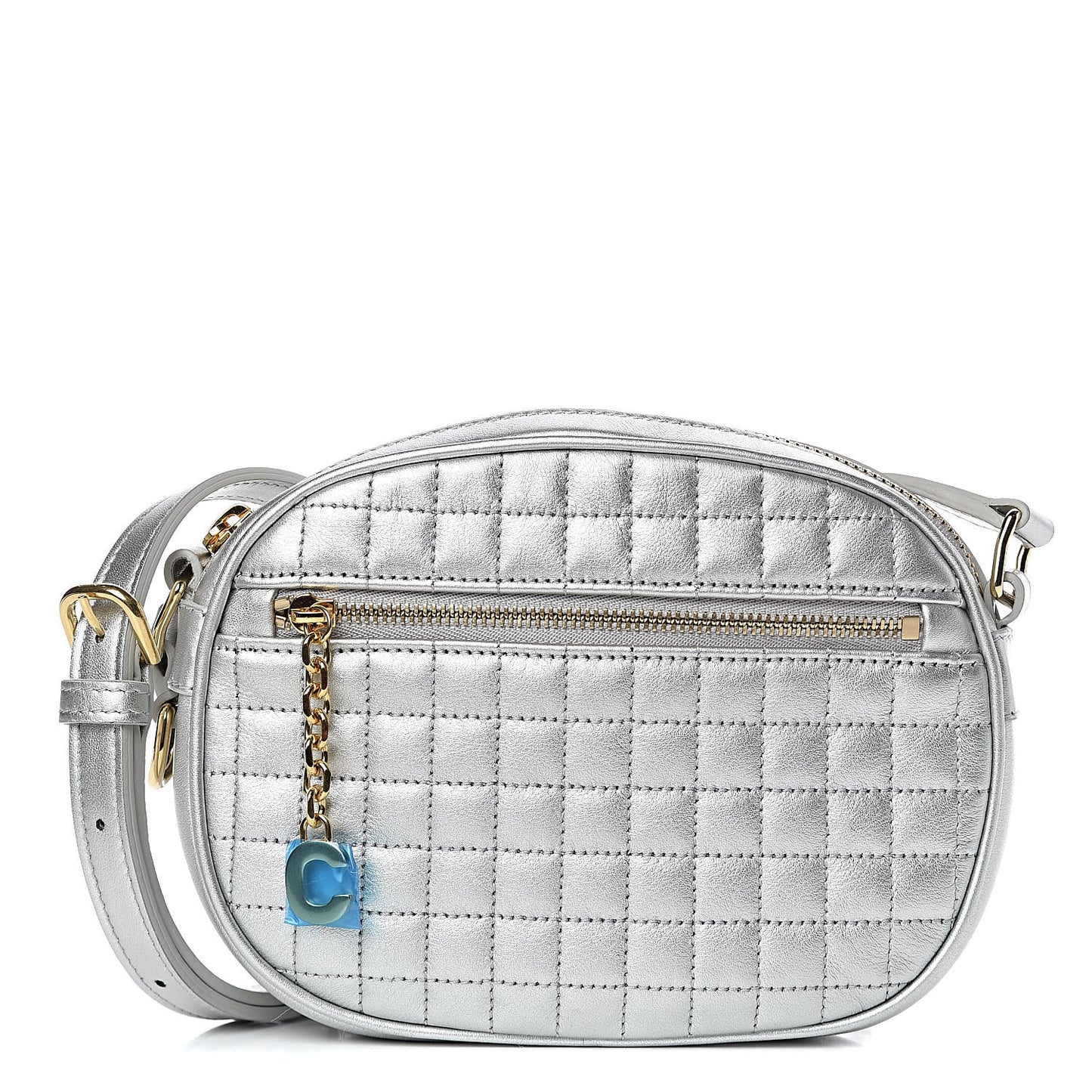 Laminated Calfskin Quilted Small C Charm Bag Silver