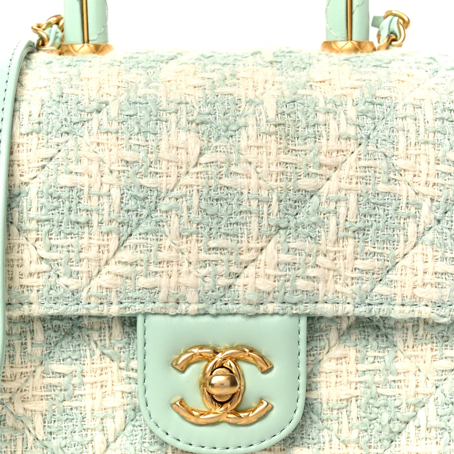 Tweed Handle Crush Top Handle Flap Bag Light Blue Ecru
