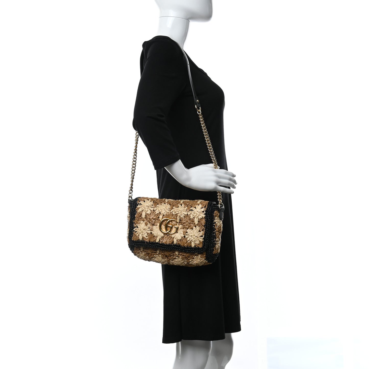 Raffia Azalea Calfskin Crochet Flower Small GG Marmont Shoulder Bag Natural Ecru Black