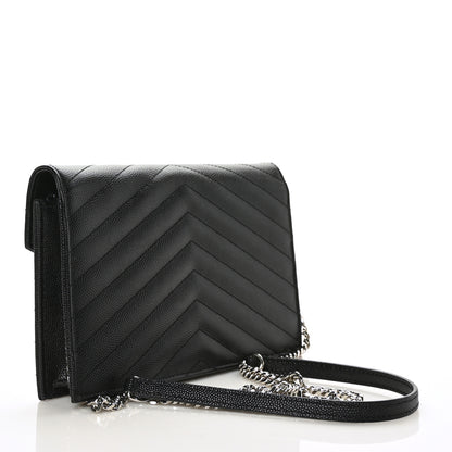 Saint Laurent Grain De Poudre Matelasse Chevron Monogram Envelope Chain Wallet Black 3 of 7