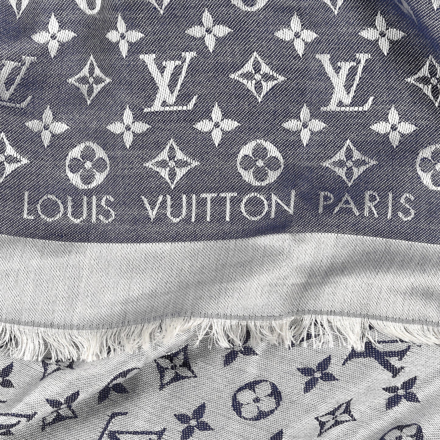 Wool Silk Monogram Denim Shawl Blue