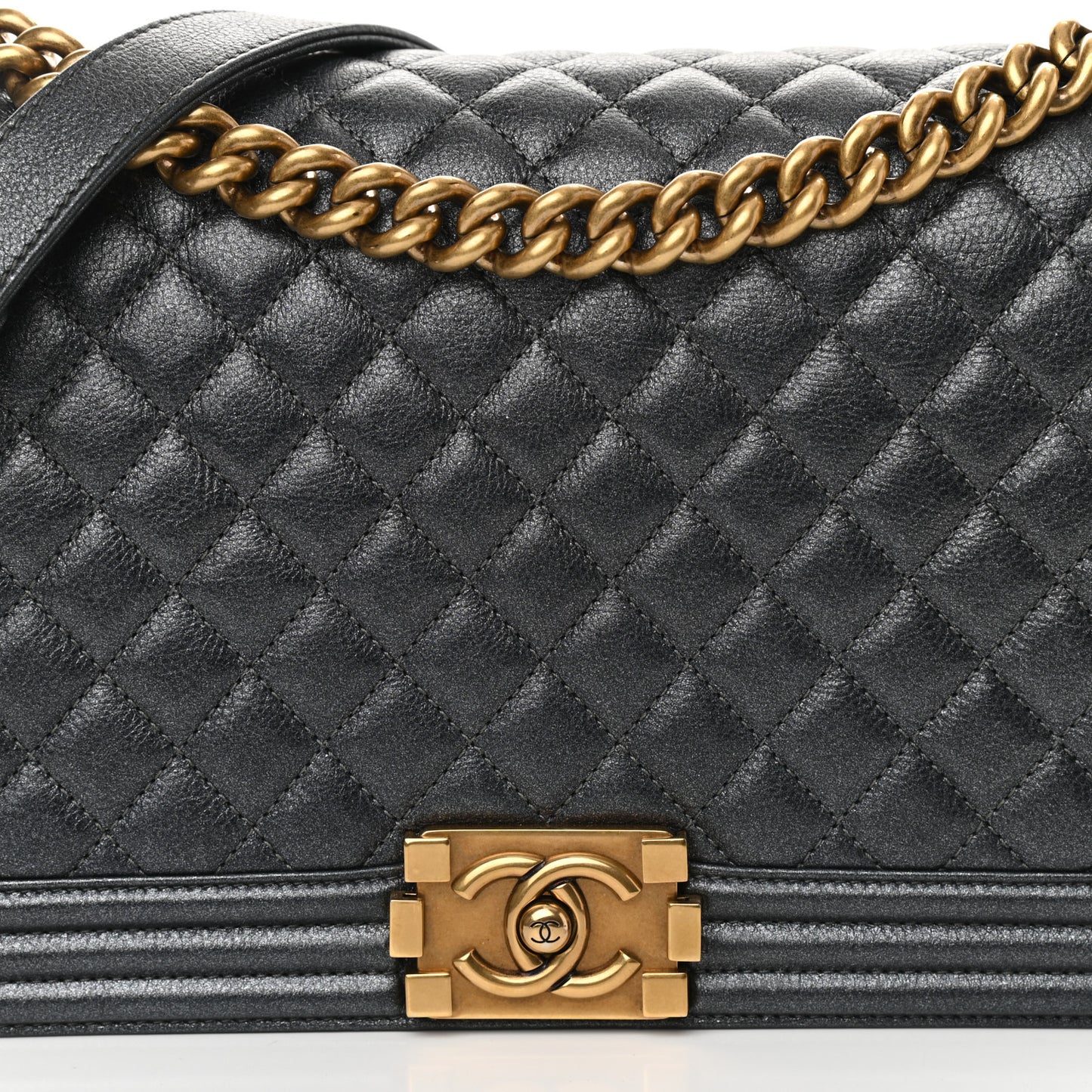 Metallic Calfskin Quilted New Medium Boy Flap Dark Grey