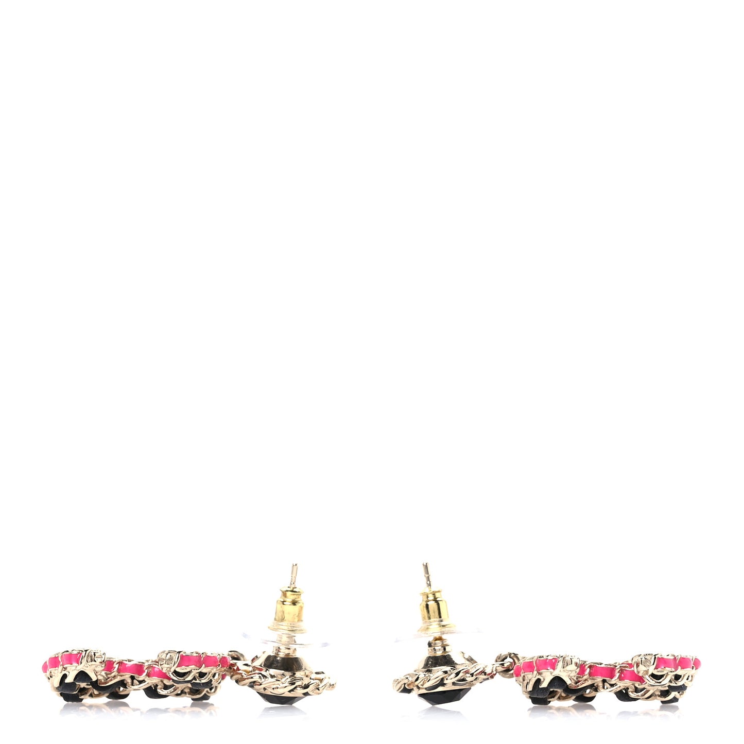 Metal Lambskin CC Chain Drop Earrings Black Gold Pink