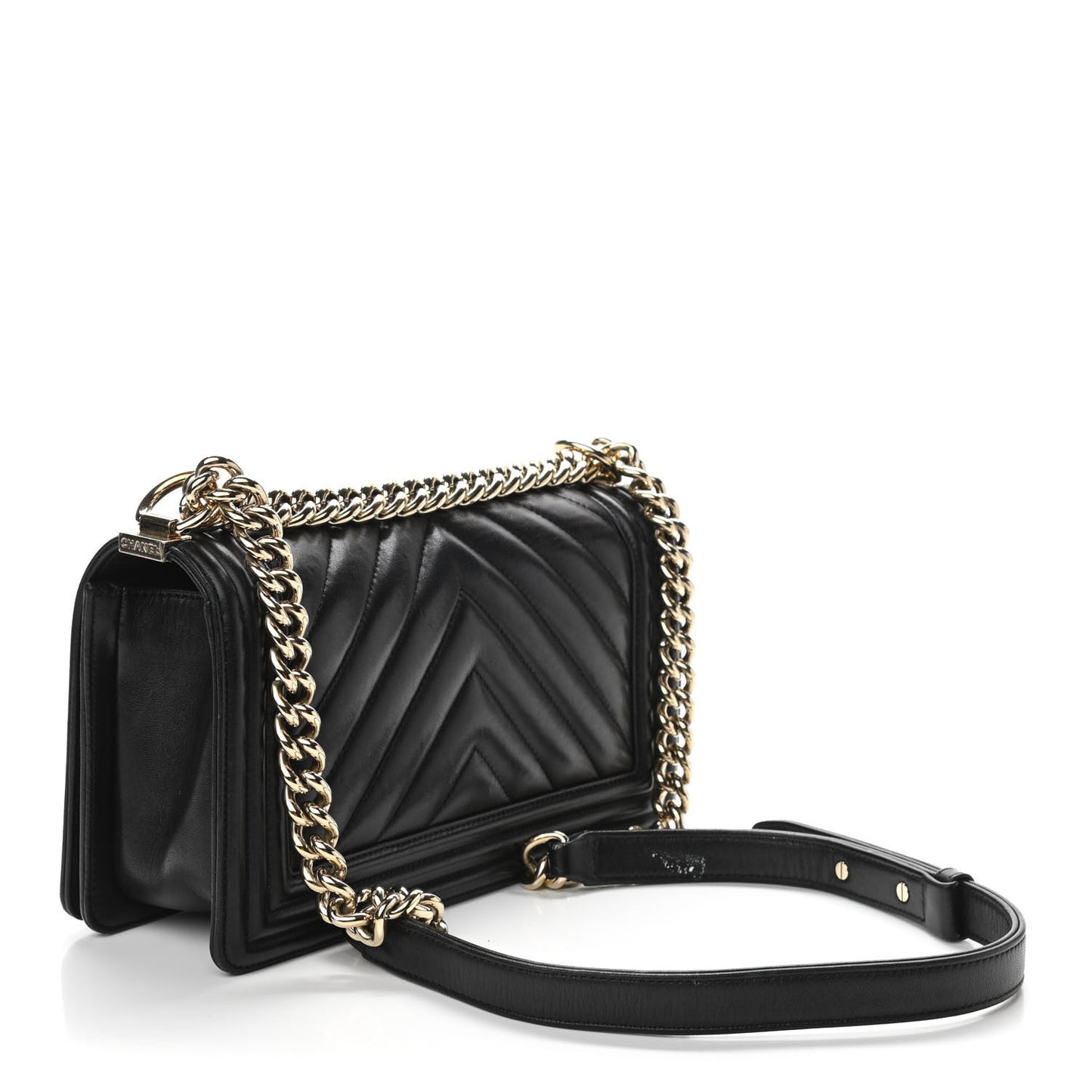 Calfskin Chevron Quilted Medium Boy Flap Black