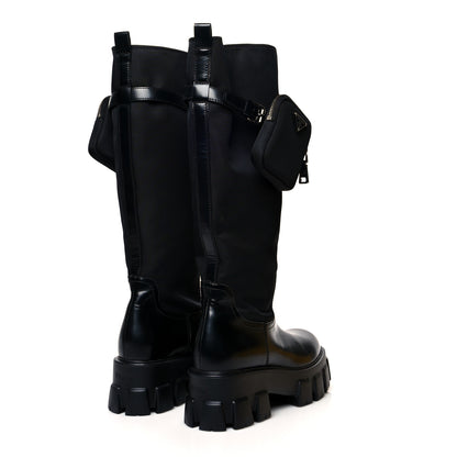 Prada Spazzolato Rois Re-Nylon Metal Triangle Logo Monolith Pouch Pocket 55mm Tall Boots 38.5 Black 4 of 7