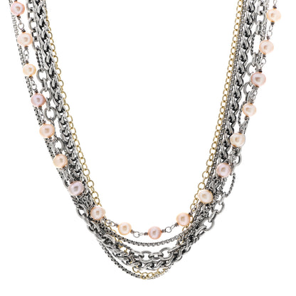 David Yurman Sterling Silver 18K Yellow Gold Pearl Multi Chain Necklace 1 of 4