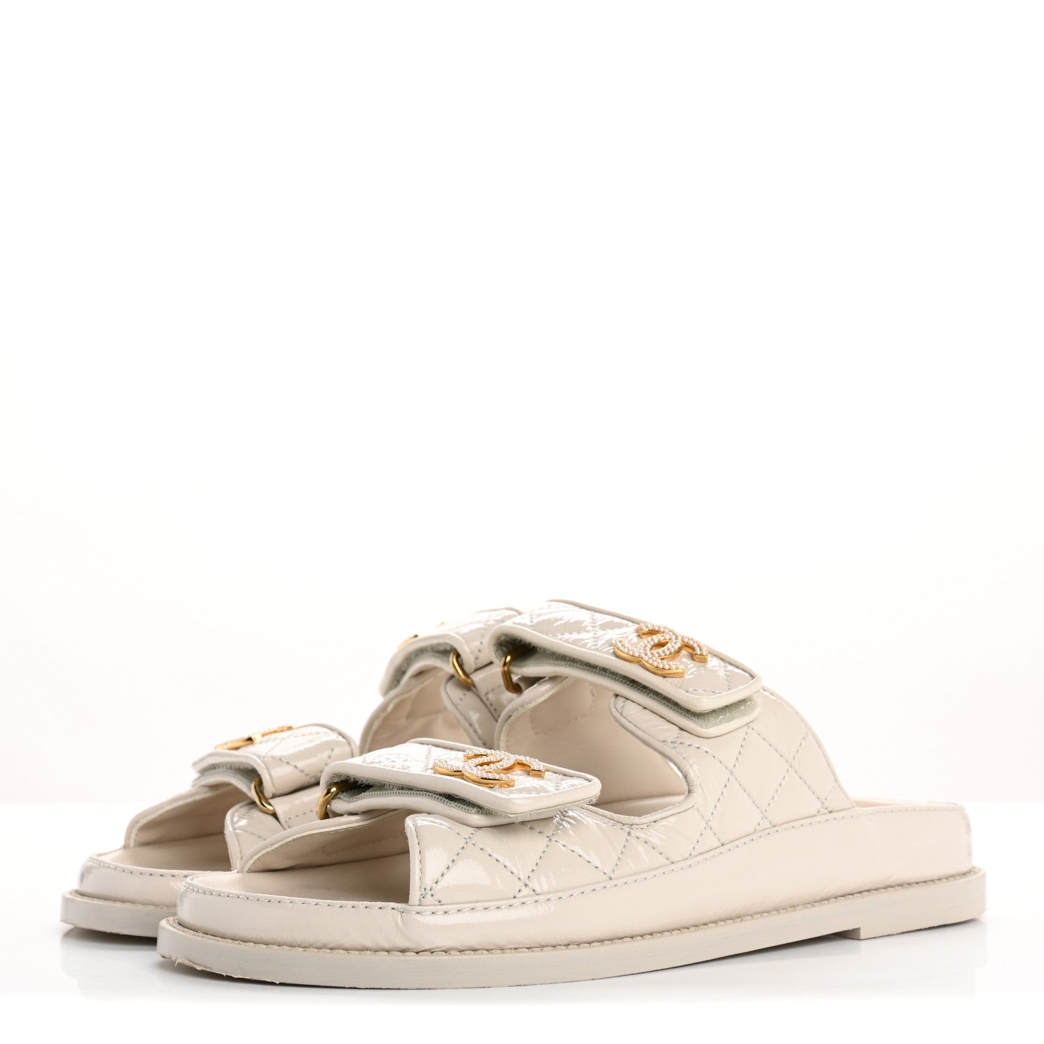 Chanel Shiny Calfskin Crystal Quilted Velcro Dad CC Slide Sandals