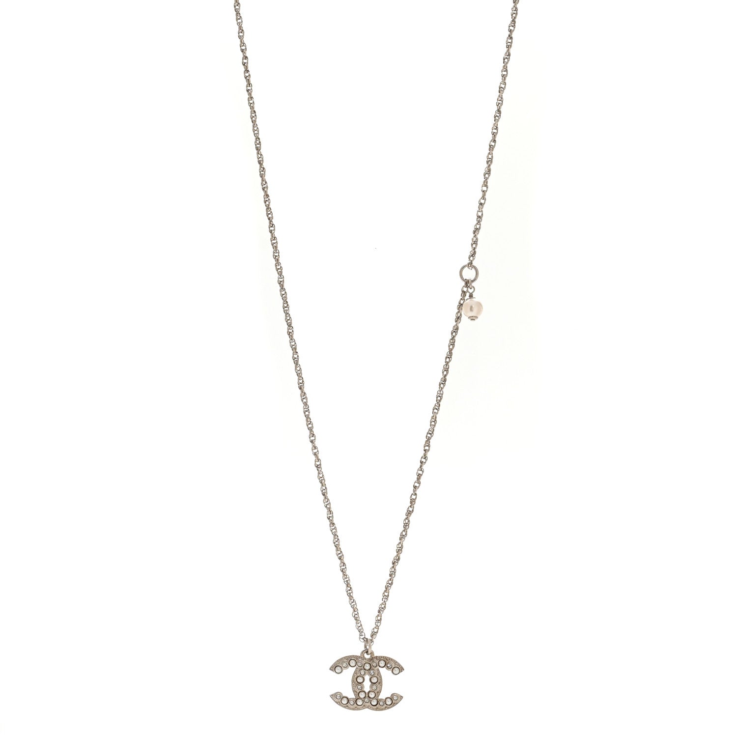 Chanel Crystal Pearl CC Pendant Necklace Silver 1 of 5