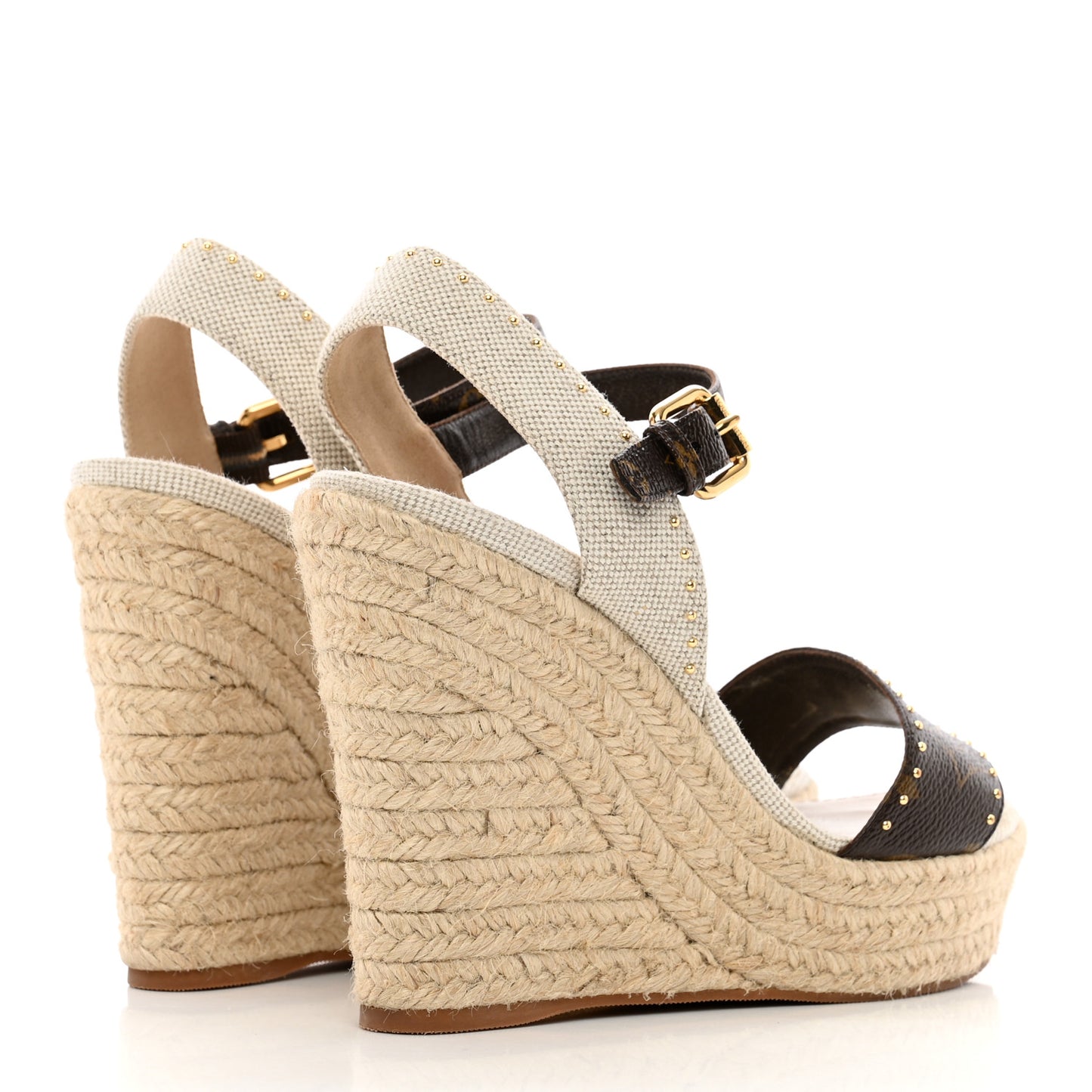 Canvas Patent Monogram Coastline Wedge Sandals 37 Beige