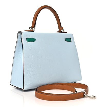 Hermes Epsom Tri-Color Kelly Sellier 25 Bleu Brume Vert Jade Gold 3 of 11