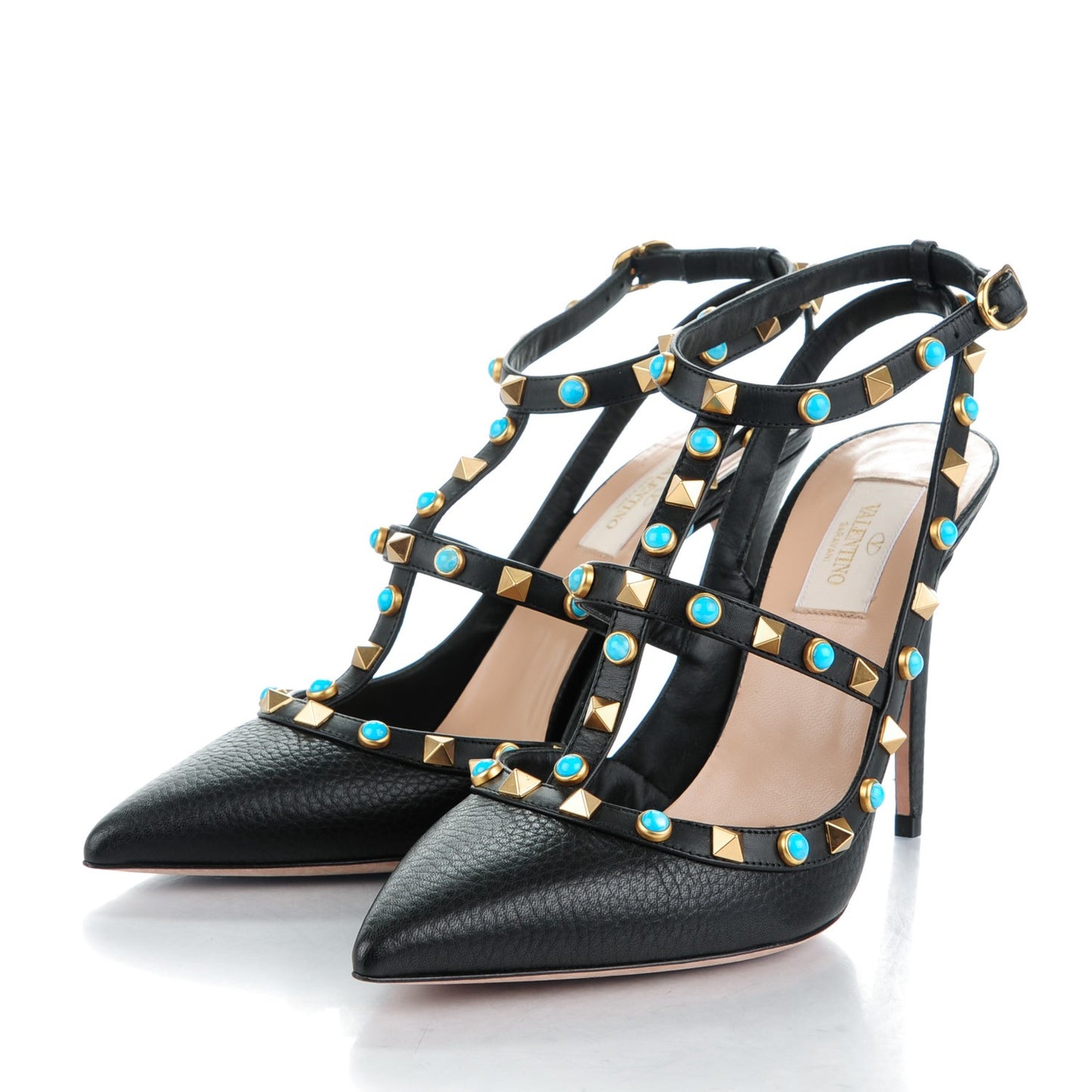 Pebbled Calfskin Turquoise Rockstud Rolling Ankle Strap 100mm Pumps 39 Black