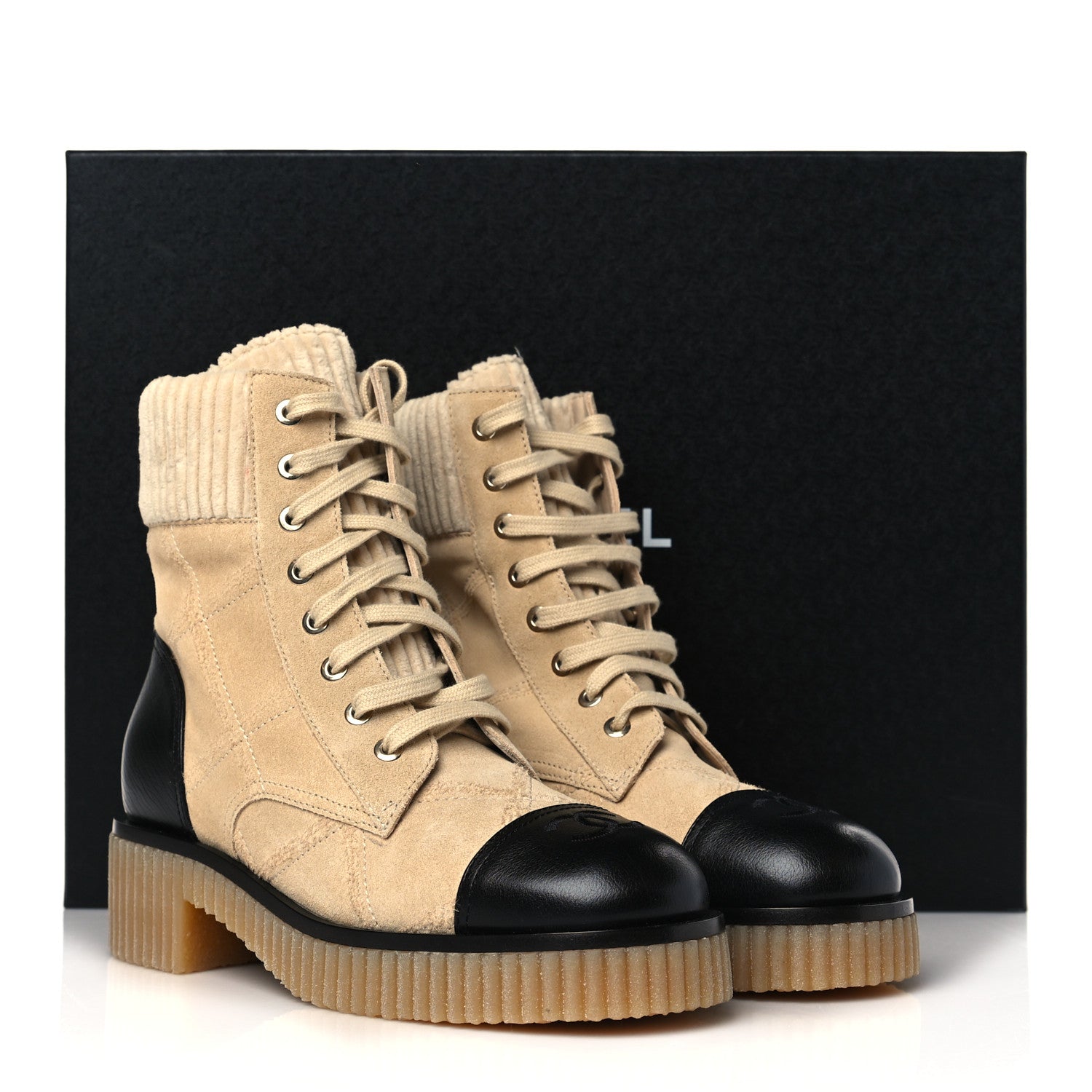 Chanel Suede Calfskin Velvet Quilted CC Combat Boots 36.5 Beige Black 8 of 8