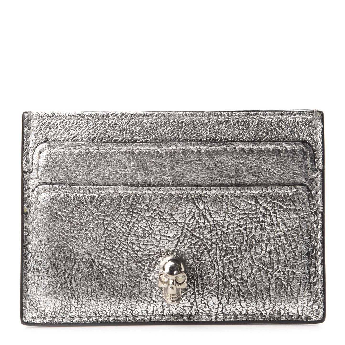 Metallic Calfskin Skull Card Holder Silver