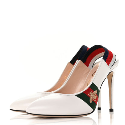Gucci Malaga Kid Web Sylvie High Heel Slingback Pumps 37.5 White 3 of 11