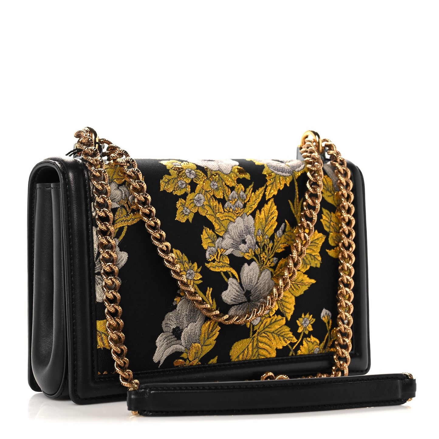 Floral Jacquard Smooth Calfskin Medium Devotion Crossbody Bag Yellow Black