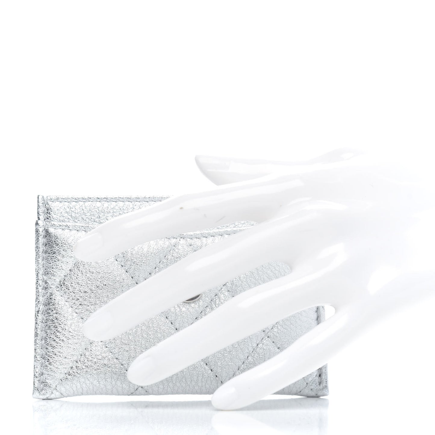 Metallic Lambskin Quilted Card Holder Silver