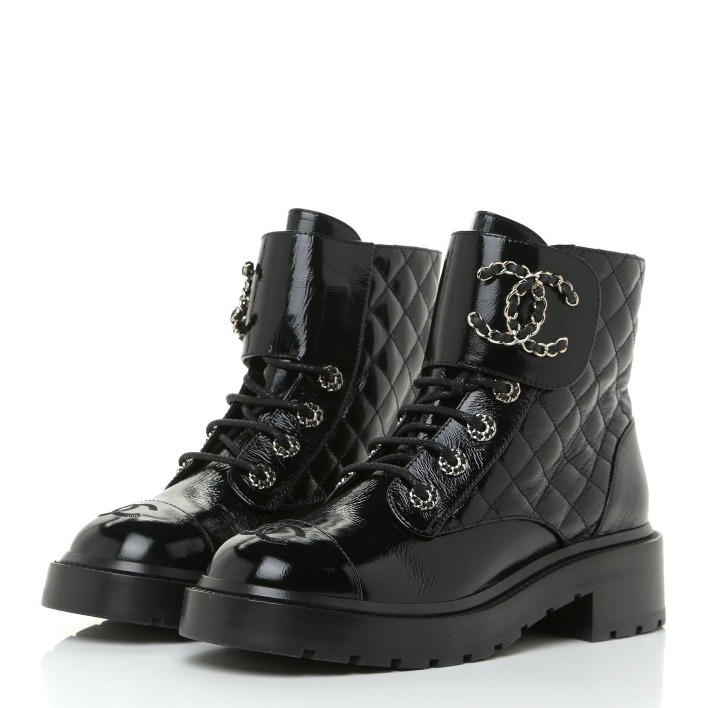 Shiny Calfskin Quilted Lace Up Combat Boots 37.5 Black