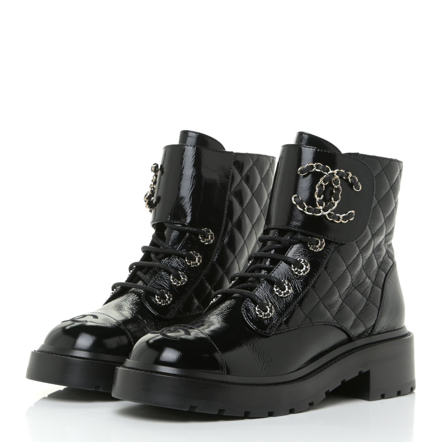 Chanel Shiny Calfskin Quilted Lace Up Combat Boots 37.5 Black 3 of 15