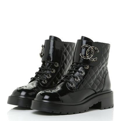 Chanel Shiny Calfskin Quilted Lace Up Combat Boots 37.5 Black 3 of 15