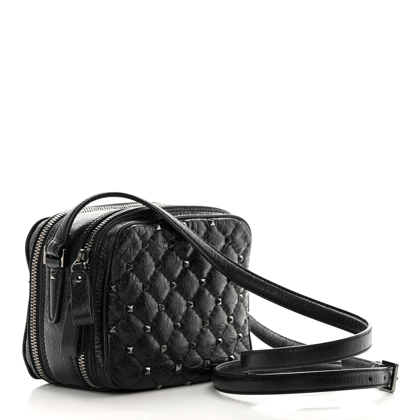 Craquele Nappa Rockstud Spike Double Zip Camera Crossbody Bag Black