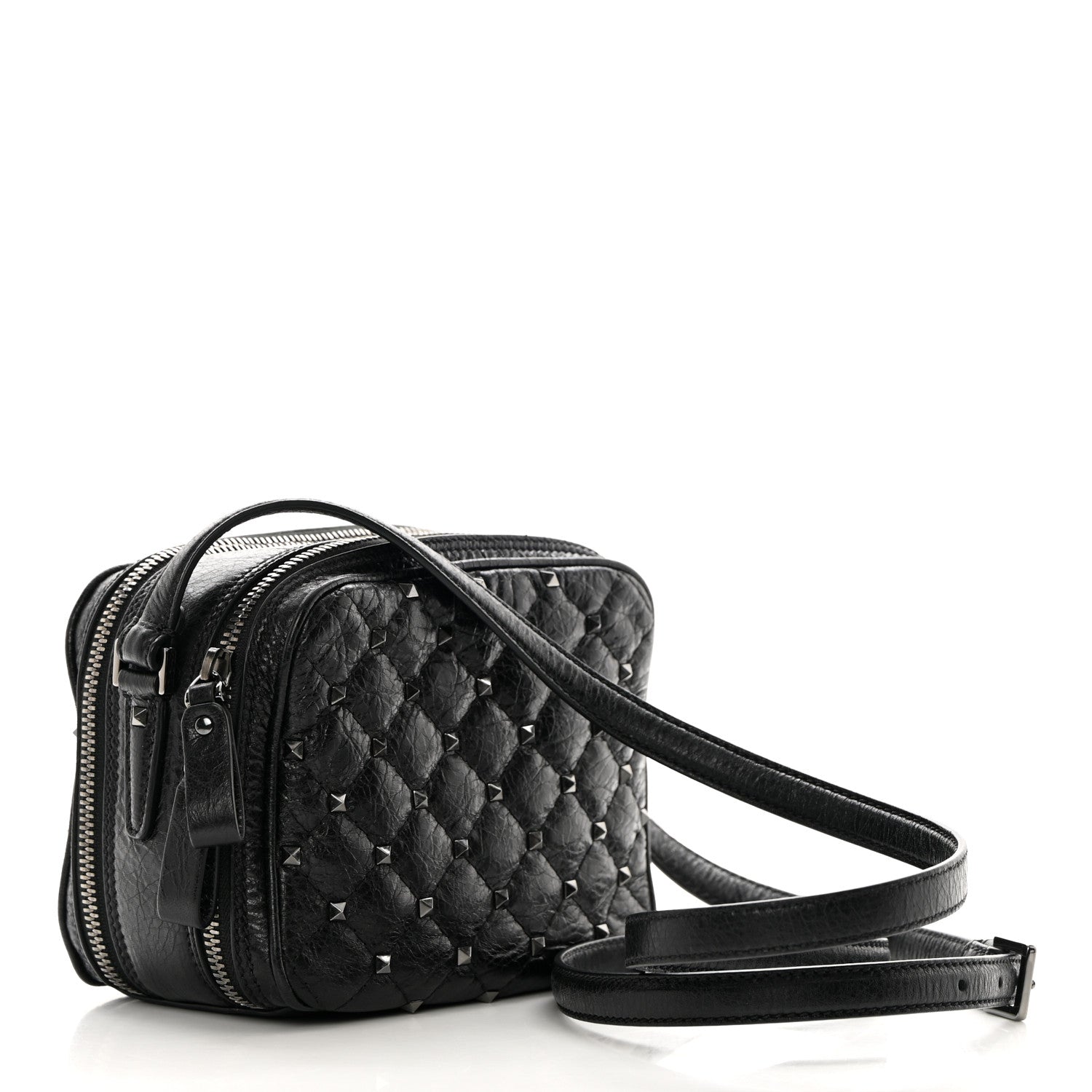 Valentino Garavani Craquele Nappa Rockstud Spike Double Zip Camera Crossbody Bag Black 3 of 13