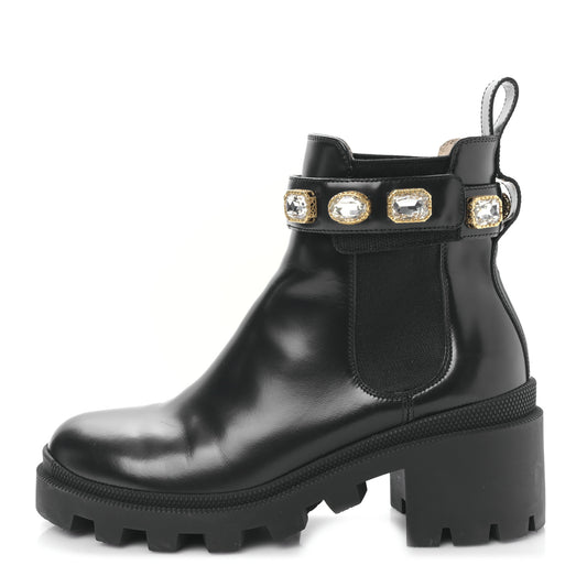 Calfskin Crystal GG Trip Chelsea Ankle Boots 37 Black