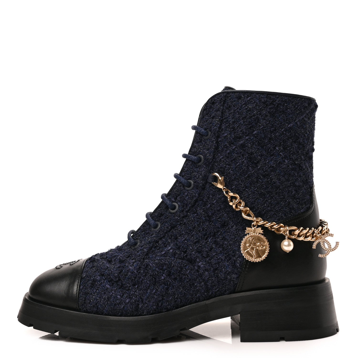 Chanel Tweed Calfskin Chain Lace Up Combat Boots 39 Navy Black 1 of 7