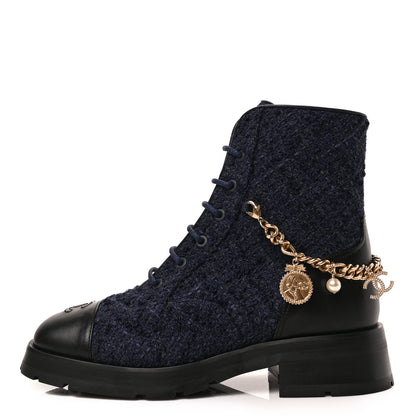 Chanel Tweed Calfskin Chain Lace Up Combat Boots 39 Navy Black 1 of 7