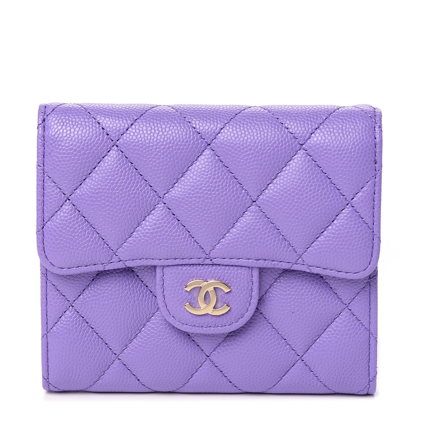 Caviar Quilted Flap Card Holder Wallet Purple