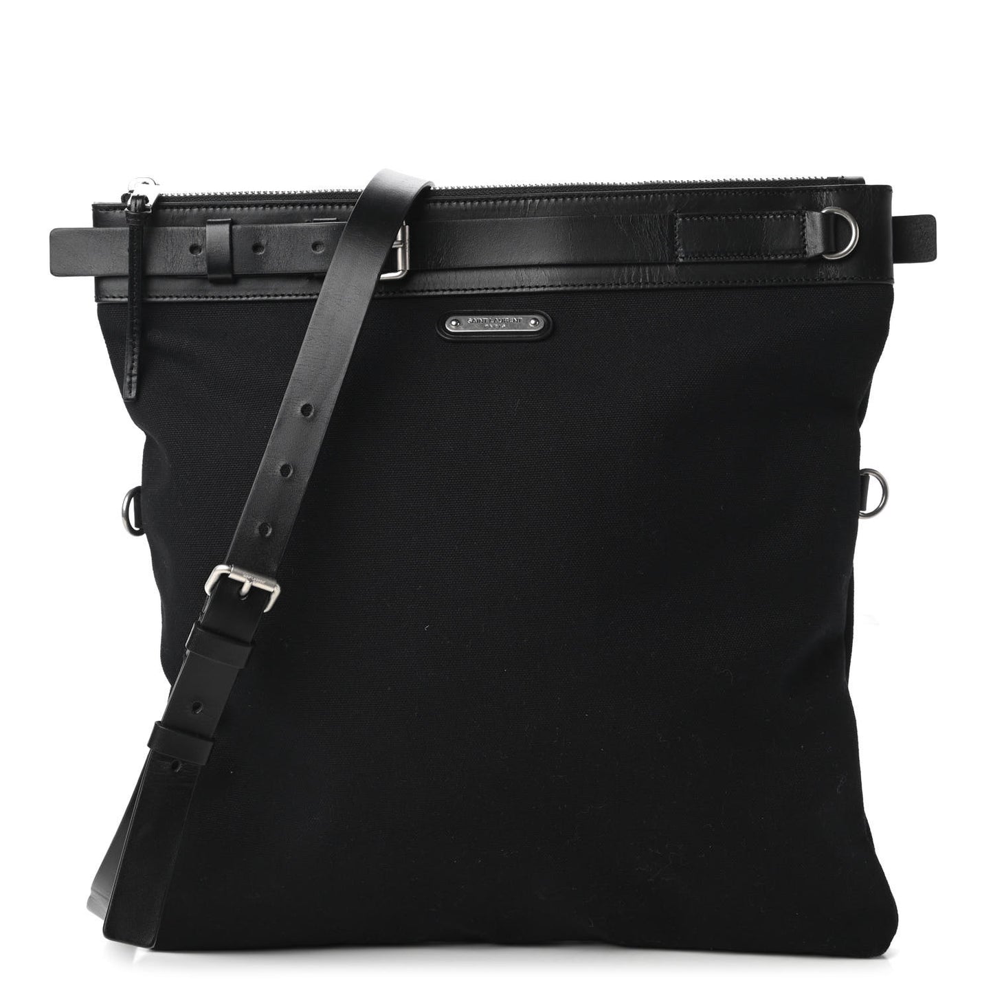 Canvas Calfskin Belted Flat Messenger Bag Black