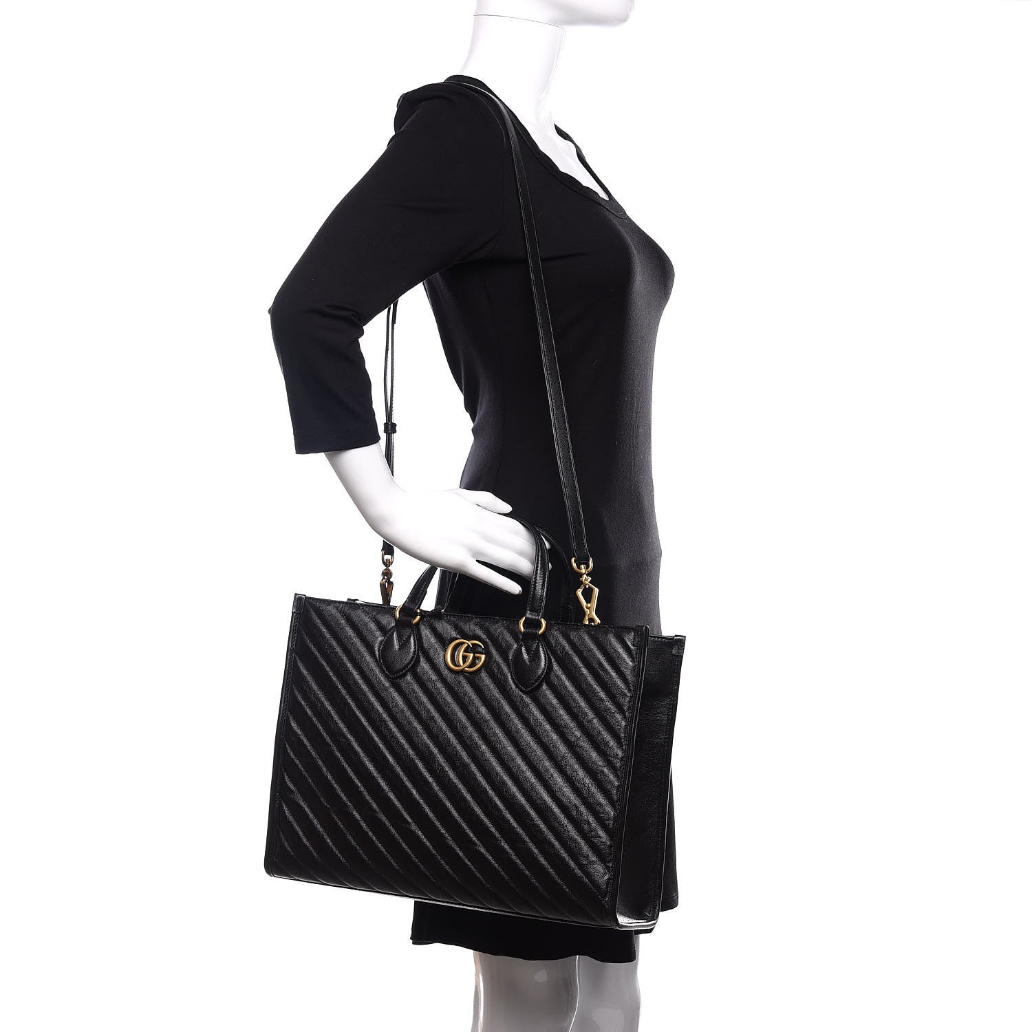 Gucci Azalea Calfskin Matelasse Diagonal GG Marmont Tote Bag Black 2 of 10