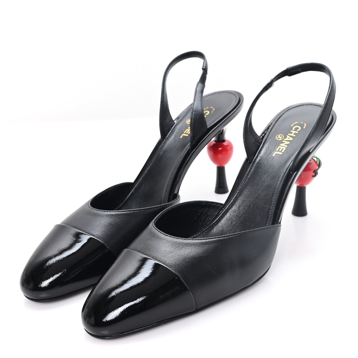 Chanel Lambskin Patent Cap Toe CC Apple Slingback Pumps 41 Black 4 of 9