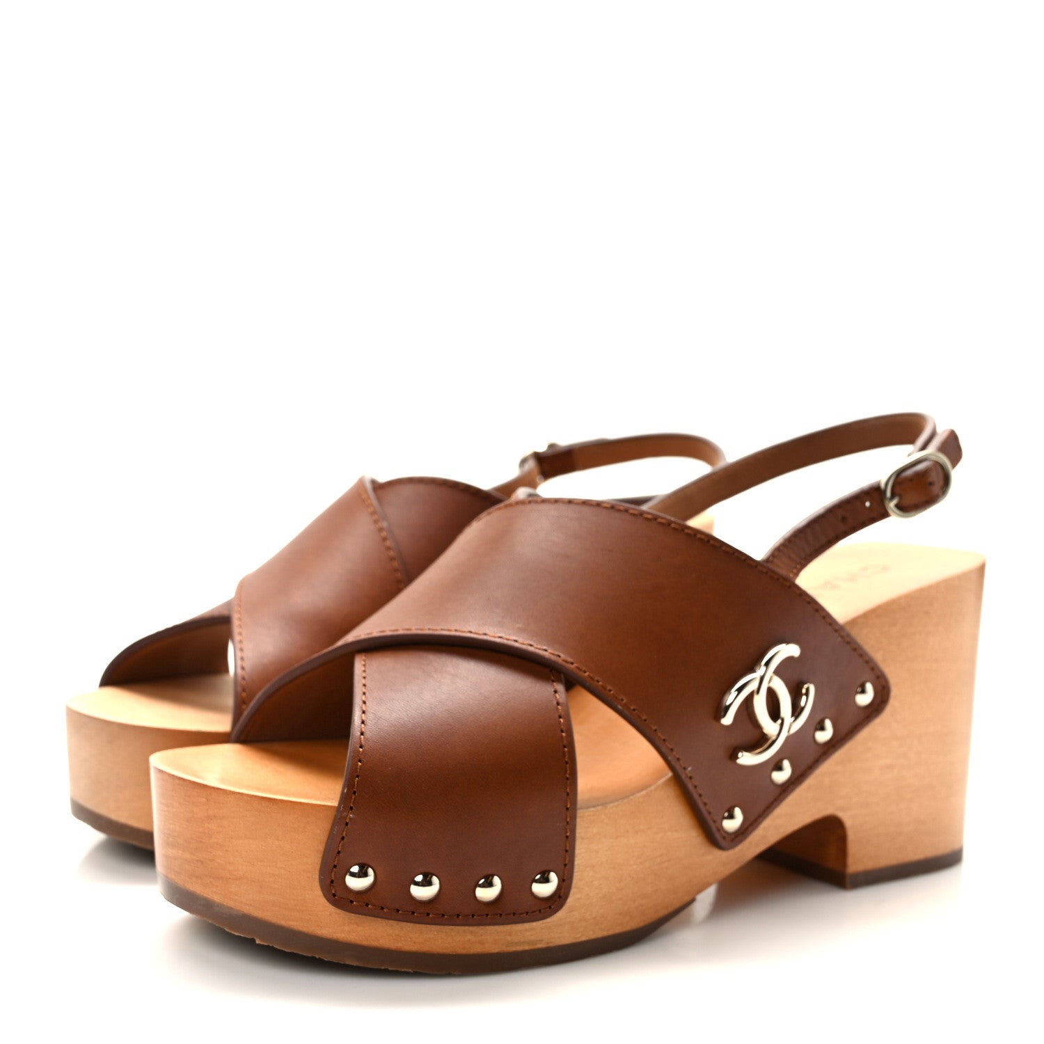 Chanel Calfskin Studded Slingback Clog Sandals 37 Dark Brown 3 of 10