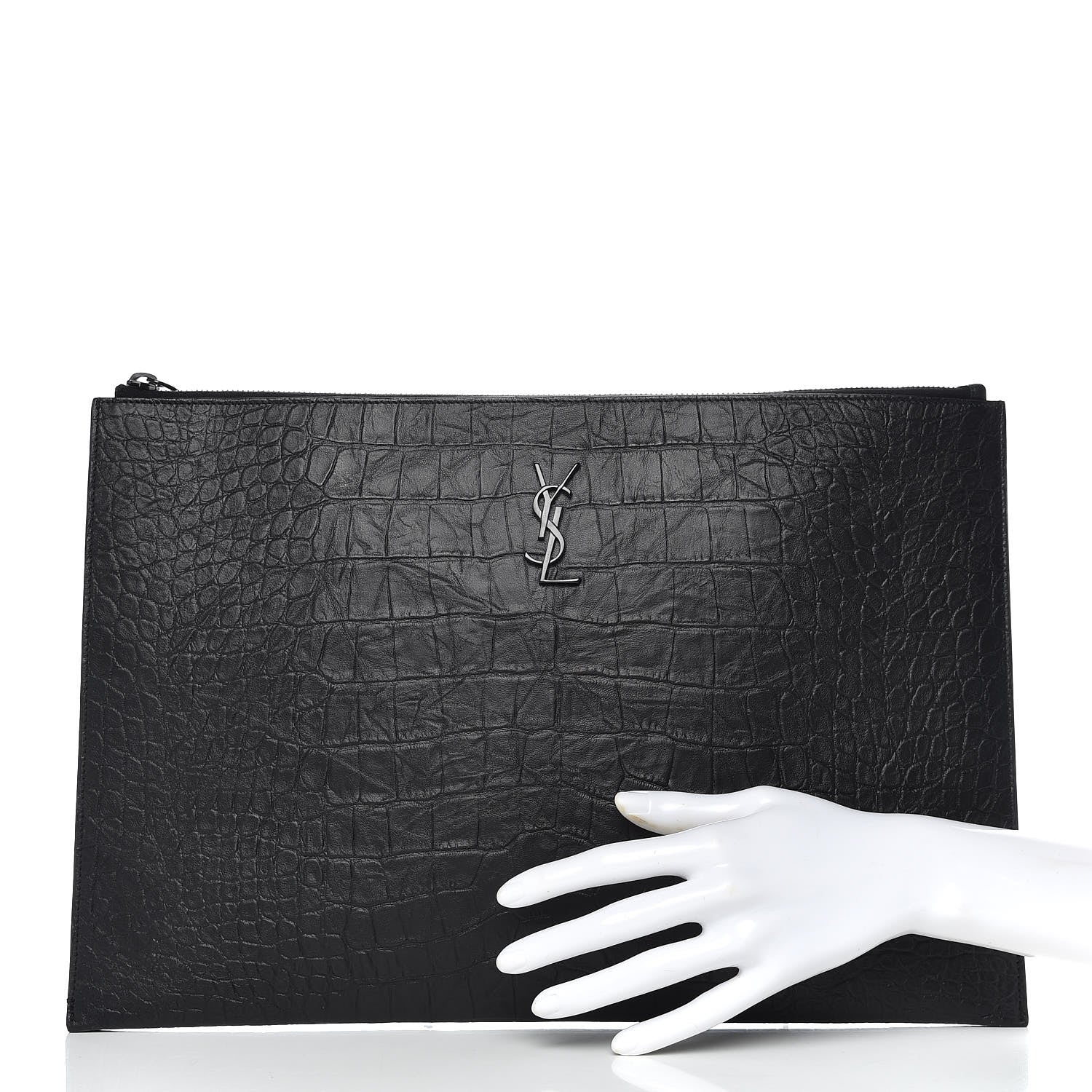 Saint Laurent Calfskin Crocodile Embossed Monogram Document Holder Black 2 of 9