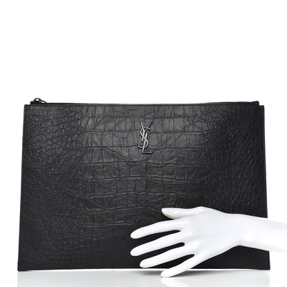 Saint Laurent Calfskin Crocodile Embossed Monogram Document Holder Black 2 of 9