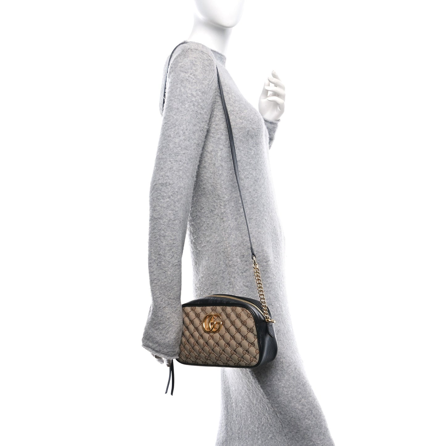 Monogram Matelasse Diagonal Small GG Marmont Chain Shoulder Bag Beige Black