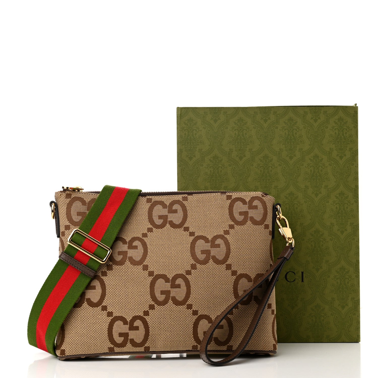 Gucci Monogram Jumbo GG Textured Dollar Calfskin Web Wristlet