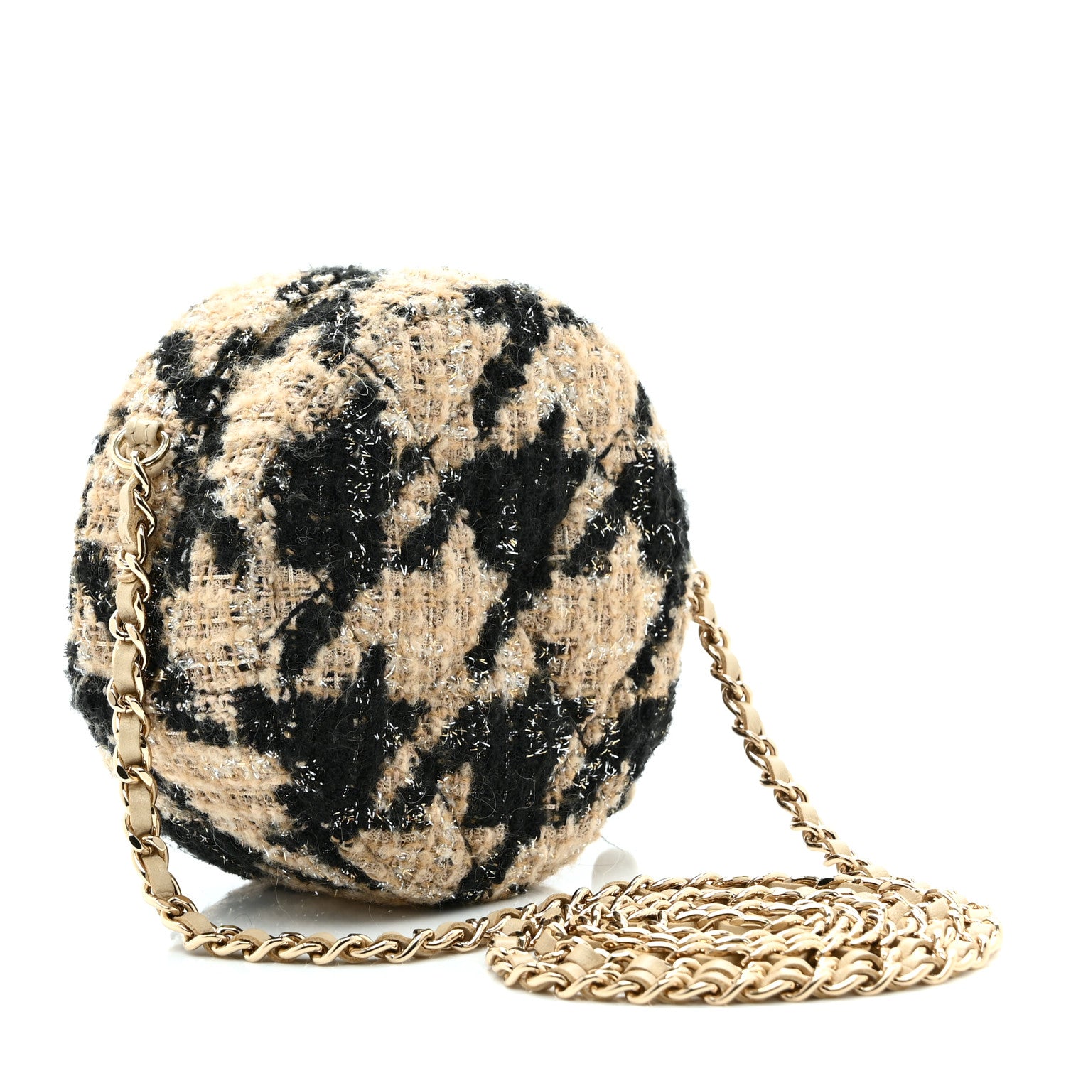 Chanel Tweed Shearling Quilted Round Clutch With Chain and Coin Purse Beige Black 4 of 11